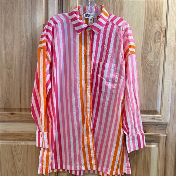 Beach Riot Pink Orange Striped Beach Resortwear Button Down Cover Up Shirt Sz PL - Picture 5 of 11